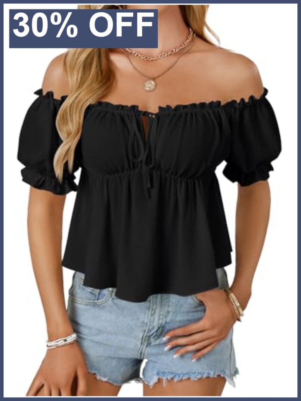 Women's Off Shoulder Peplum Blouse Top - Ruffle Short Puff Sleeve Casual